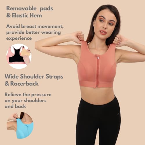 Image of GLAMORAS Women's Wirefree Full Coverage Sports Bra Medium Impact Mesh Racerback Design with Front Zip, Removable Pads Ideal for Gym, Yoga, Fitness Workouts