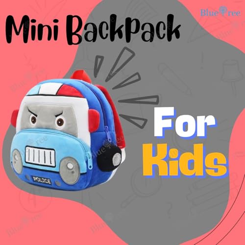 blue tree School Bag for Cute Kids for (1-6 Years), Embroidery Soft Plush Police Van Blue Bag for Toddlers, Cartoon Backpack for Baby Boys and Girls - Image 2