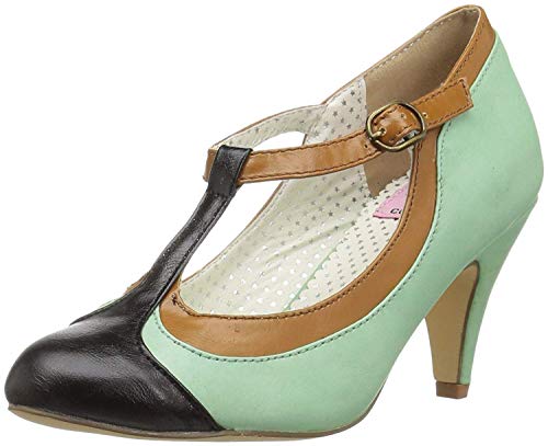 Peach-03 de la aleta de la bomba con el talón corto y T-correa de la menta verde / marrón / negro - 20s Vintage Rockabilly - (UE 37 = US 7) - Pin Up Couture