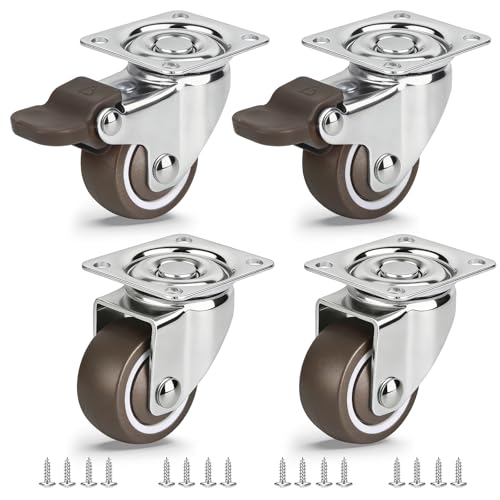 1.5 Inch Caster Wheels for Furniture, Silent Bearing Swivel Plate Casters Set of 4 Heavy Duty Load 176 Lbs, No Noise Rubber Caster Wheels for Small Furniture (2 with Brakes & 2 Without)