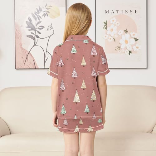 Satin Pajama Sets Short Sleeve Cute Christmas Trees Button Down Silky Nightwear 2 Piece PJS 5-14Y4