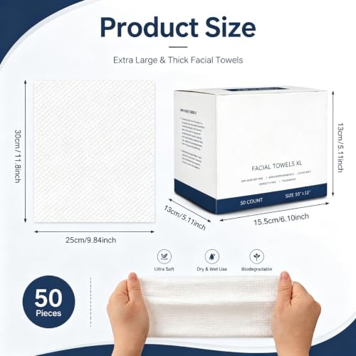 Image of MAYCREATE Facial Tissue Face Towel Cotton Dry Wet Wipes, 25x30cm 50 Counts