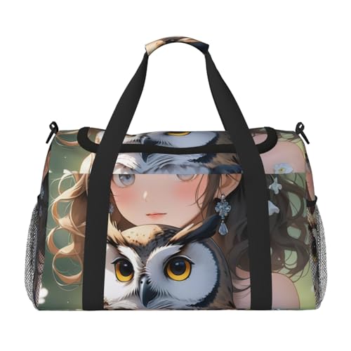 Anime Owl Print Travel Duffle Bag - Foldable Personal Item Travel Bag for Women & Men,Carry-On Convertible Crossbody Tote Bags with Adjustable Shoulder Strap & Pockets 13x10.2x19.7 in
