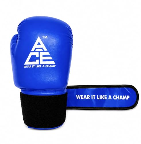 Image of ACE Genuine Leather Boxing Gloves | Adult Training Gloves for Sparring | Shock Absorbing Padding | Secure Wrist Strap | Punching Bag Workout | Blue | 8 oz