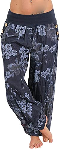 Women's Loose Fit Harem Pants with Vibrant Print Design - Casual Summer Cotton Hippie Trousers with Pockets