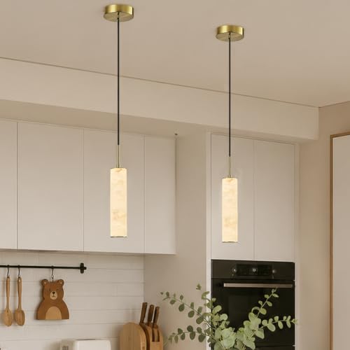 Image of Gold Natural Alabaster Long Tube Kitchen Island Pendant Lights,3000k