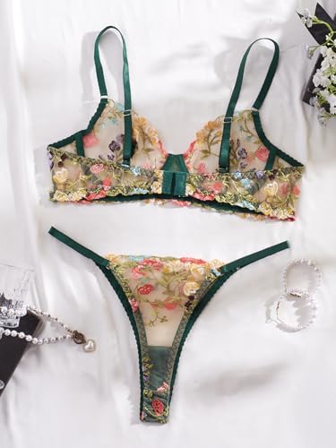 Image of Sexy Floral Embroidered Flower Mesh Underwire Push Up Lingerie Set