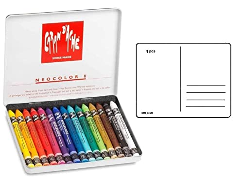 Caran d'Ache Neocolor II, Pastels à la Cire aquarellables, Crayons à la Cire Aquarellables Lot de 15 et 1 cartes postales EMI Craft