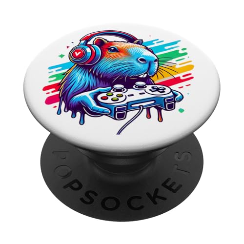Jeux vidéo amusants Capybara - Gamer Cochon d'Inde avec casque PopSockets PopGrip Interchangeable