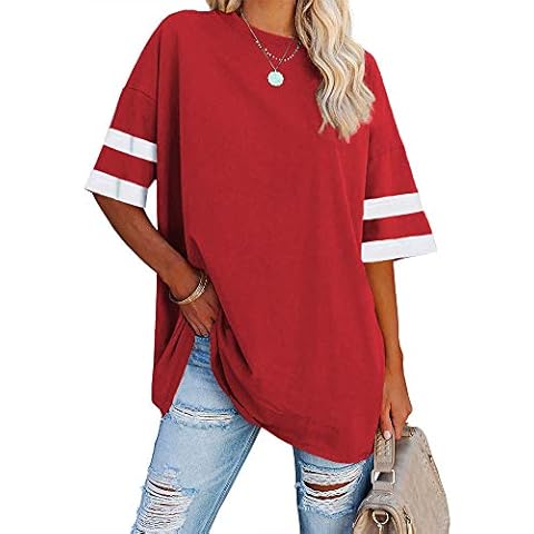 Fisoew Womens Oversized Tees Loose T Shirts Half Sleeve Crew Neck Color Block Cotton Tunic Tops Red Cover