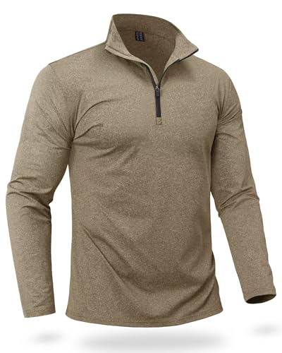 Boladeci Long Sleeve Warm Shirts for Men Quarter Zip Pullover Sweatshirts Fleece Lined Thermal Fitted Fall Workout Clothes 3/4 1/4 Half Zip Up Sweater Khaki Golf Gifts for Men Golf Cold Weather Gear