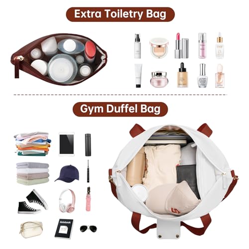 ETRONIK Gym Bag for Women, Travel Duffel Bag with USB Charging Port, Weekender Overnight Bag with Wet Pocket and Shoes Compartment for Women, Travel, Gym, Yoga (Reddish Brown/White)3