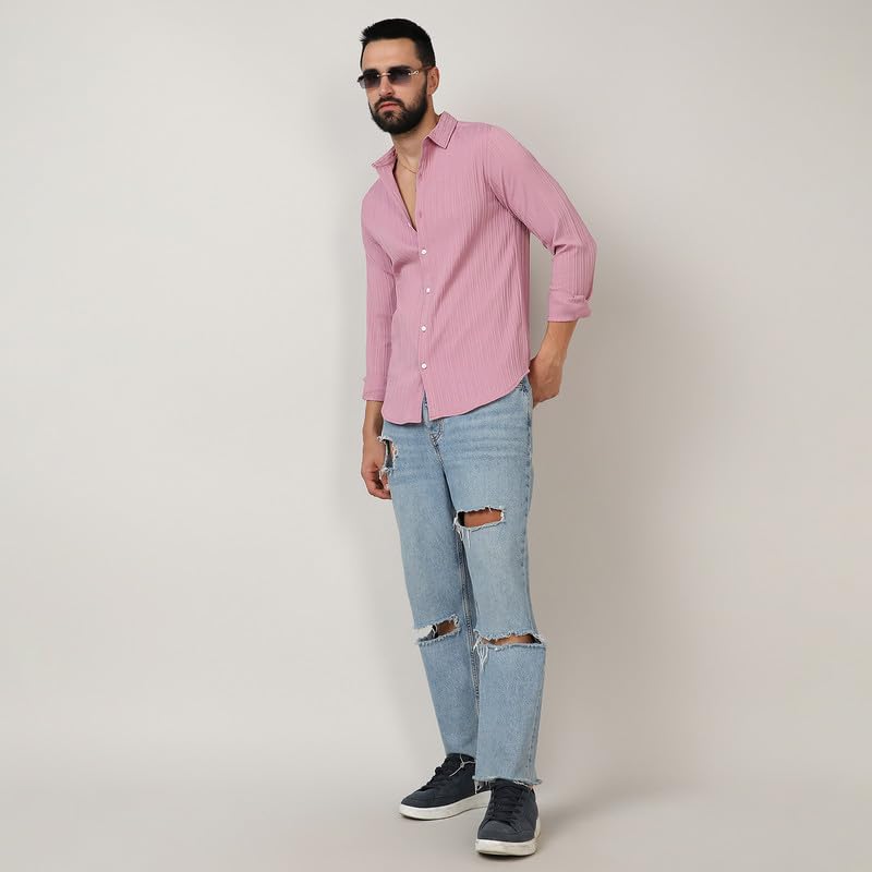 Image of CAHOOT Men's Self-Design Striped Shirt for Casual Wear | Spread Collar | Long Sleeve | Button Closure | Shirt Crafted with Comfort Fit for Everyday Wear