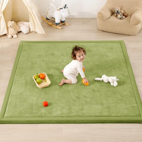 Image of 1.3 inch Thick Baby Play Mat for Floor, 39x59 Foam Tummy Time Mat, Padded Support Soft Plush Nursery Rug for Infant Kids Toddler Crawling Kick Activity (Olive Green)