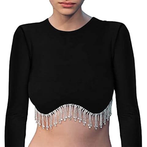 LOVHOT Women Rhinestone Tassel Crop Top Long Sleeve Crew Neck Diamond Fringe Ribbed Knit Vest Rhine Trim Cropped Cami Vest (Black , S ) Cover