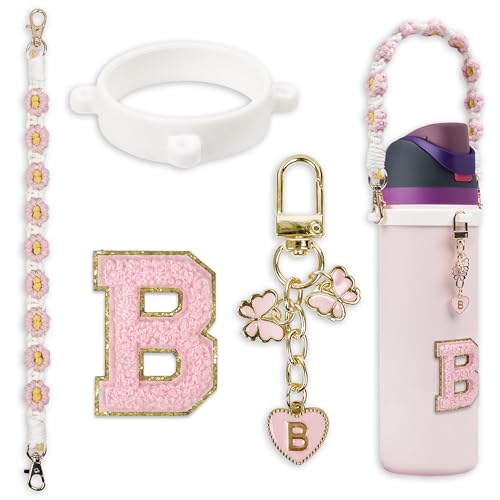 Cute Letter Charm Set with Secure Handle Strap, Silicone Ring, Monogram Sticker and Personalized Decoration for Owala Compatible Water Bottle, Travel Carry, School, Gift and Daily Use (Pink, B)