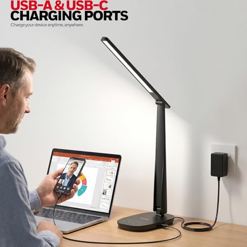 Image of Honeywell LED Desk Lamp for Home Office, Eye-Caring Dimmable Reading Light with 4 Color Modes, Touch Control, USB-A & USB-C Charging Ports, Adjustable Head, Timer for Bedroom & Small Desks