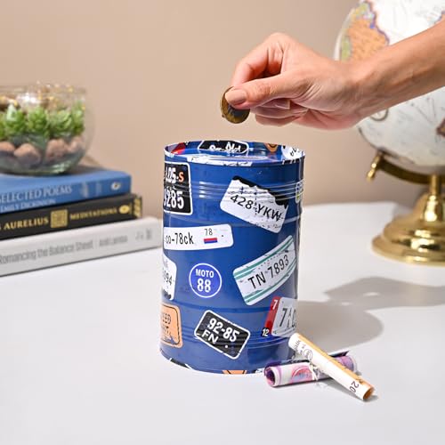 Image of Market99 Round Money Bank | Blue Tin Coin Bank with Glossy Finish & Quote Pattern | Durable Piggy Bank for Kids & Adults | Fun Savings Box for Home, Desk, Office Decor & Gift Purpose