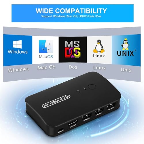 Image of HDMI USB KVM Switch 2 Port Selector Box for 2 Computers Share Keyboard Mouse Printer and 1 HD 4K Monitor, 2 KVM Cables Included (2 PORT HDMI USB KVM Switch Selector)