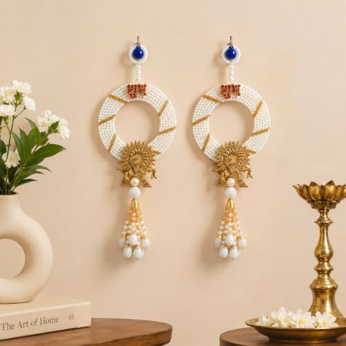 Image of eCraftIndia Shubh Labh Door Hanging Set of 2 | Handmade Pearl Beaded Toran with Golden Krishna Motif & Tassels | Decorative Wall Hanging for Main Door, Entrance, Pooja Room & Festive Decor