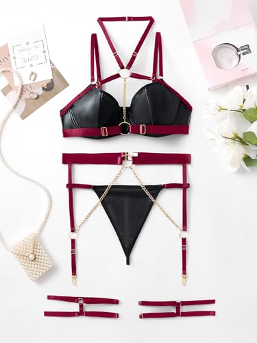Image of Lilosy Sexy Pu Leather Strappy Underwire Garter Belt Lingerie Set