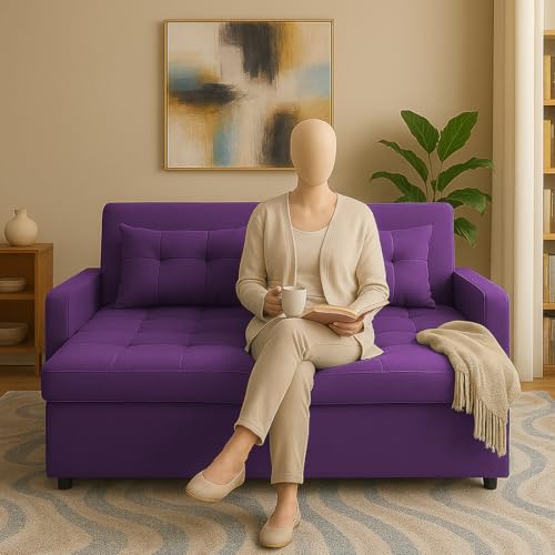 Image of Emilio 2-Seater Sofa Cum Bed for Living Room, Office & Home | Premium Fabric Pull-Out Sofa Set with 1 Year Warranty | Space Saving Convertible Sleeper Sofa for Guests & Daily Use | Purple