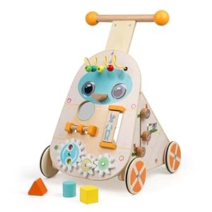 Jacootoys Wooden Activity Walker, Adjustable Speed Toddler Push Walker Activity Center Toy, Wooden Baby Walker Push and Pull Learning Walker with 7 Educational Activities for Boys Girls 1 2 3 Year