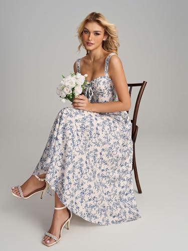Image of KUTUMAI Floral Corset Midi Dresses for Women 2026 Lace Up Flowy Summer Wedding Guest Dress with Pockets