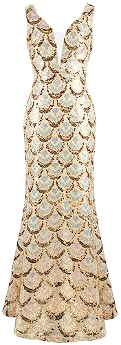Angel-fashions Robe de soirée longue bleue pour femme, Col en V, style sirène, avec sequins et fleurs, doré, 48