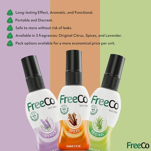 Freeco Before-you-go WC-Spray, stoppt Gerüche, bevor es mit ätherischen Ölen beginnt, ideal für Zuhause, Büro, öffentliche Räume und Reisen, 2er-Pack, 2 x 60 ml – Duftduo: Zitrus- und Lavendel