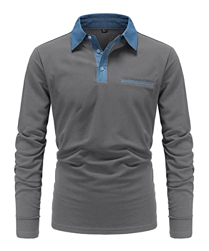 GRMLRPT Polo Hombre Manga Larga Denim Cuello Camisetas Camisas T-Shirt Golf Tennis Casual Tops Otoño Invierno Oficina(Gris,M) Cover