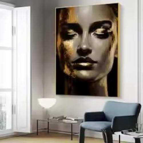 Tableau abstrait moderne salon portrait doré grand format - 4