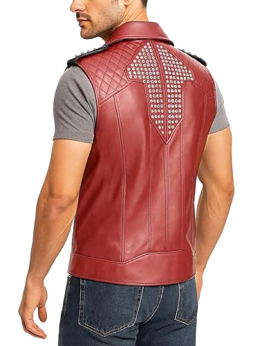 LP-FACON Mens Spikes Studded Rock Punk Red Leather Vest Motorcycle Brando Biker Leather Jacket Real/Faux