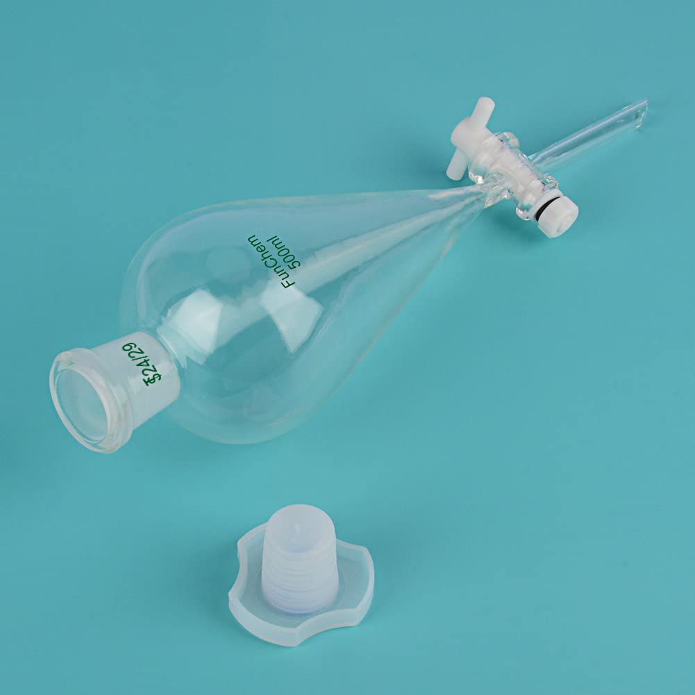 FunChem Imbuto Separatore Conico 500 ml con Giunti 24/29 e Rubinetto in PTFE, Imbuto in Vetro Borosilicato Design a Parete Spessa