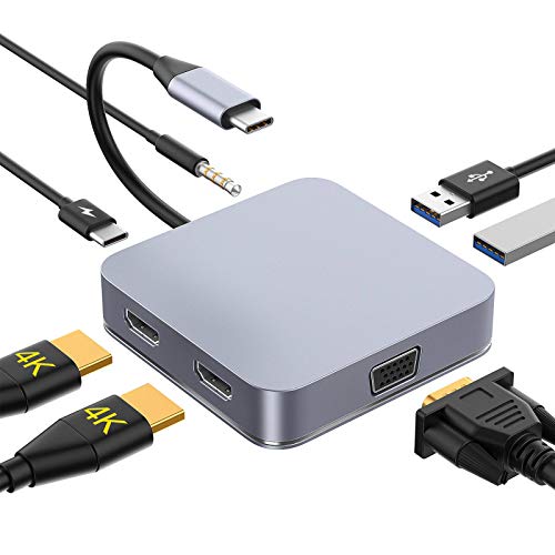 USB C Docking Station,7-in-1 Thunderbolt 3 to Dual HDMI 4K,VGA Adapter,2USB 3.0,USB C Charging,3.5mm Audio Jack,Compatible with MacBook Pro/Air,Dell XPS Laptop PC ( Dual Displays Not for MAC)