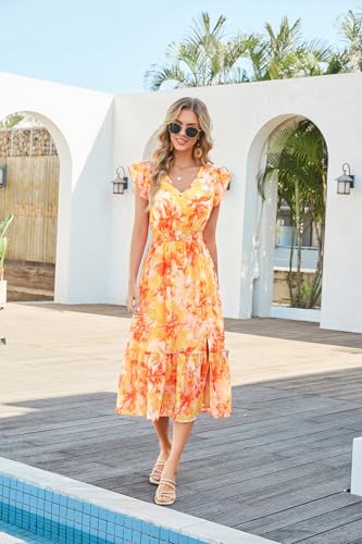 Image of GRACE KARIN 2026 Womens Summer Dresses V Neck Ruffle Sleeve Floral Boho Beach Dress A-Line Swing Midi Wedding Guest Sundress