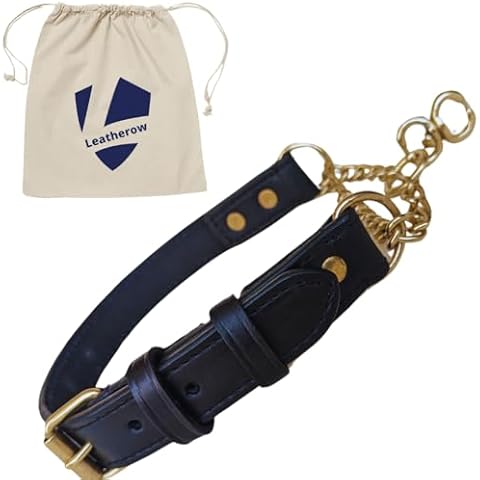 Leatherow Leather Martingale Dog Collar | Soft No Pull Collar for Dogs, Solid Brass Chain, Limited Chain Cinch Training Collar. for Large, Medium and Small Dogs… (Black, Medium) Cover