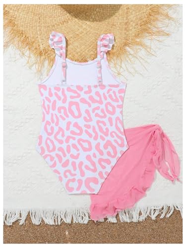 Girl's Leopard Print Ruffle One Piece Swimsuit Cute Scoop Neck Bathing Suit with Cover Up Skirts2