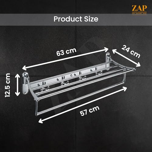 Image of ZAP Ocean Series Towel Rack /Stainless Steel Towel Holder (24 Inch) with Hooks | Bathroom Accessories | Set of 1 | Premium Chrome Finish