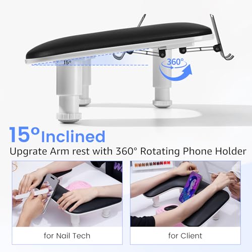 Image of Arm Rest for Nails Tech: 3rd Generation Manicure Nail Arm Rest with Rotating Phone Stand, U-Shaped Height Adjustable Hand Rest Pillow for Acrylic Nails Black