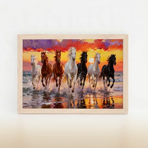 Image of Suneree 7 Horse Painting Vastu for Home - Running Horses Wall Art Framed Landscape | Seven Horses Wall Painting for Living Room Decor (Natural, Design 01, 10x13 Inch)
