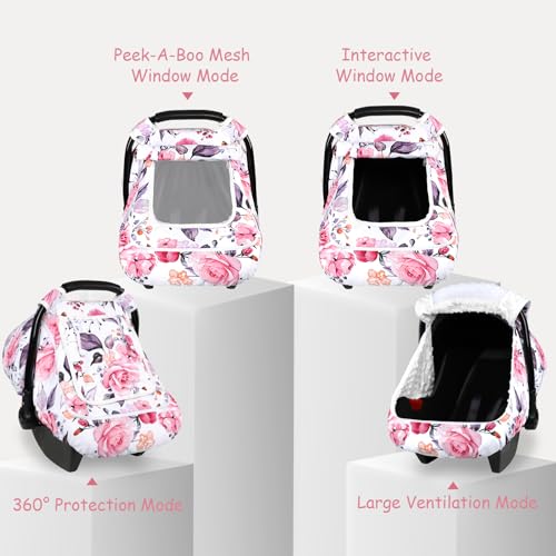 Image of Winter Car Seat Cover Baby with Sunshade & Dual Zipper Windows - Minky Bubble Lined Windproof Soft Shell, Warm Newborn Car Seat Canopy Covers, Elastic Bottom for Stroller & Infant Car Seat, Floral