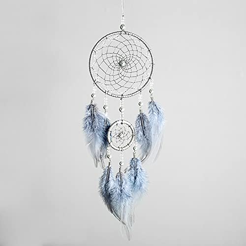 Vgzsyomqib Attrape Rêve à Plumes et Cercle Fait Main Dreamcatcher Indien Chambre Enfant Fille Capteur de Rêves Petit Décoration Bohême pour Voiture Mural Bleu Argent Cover