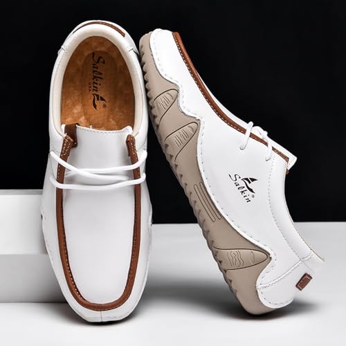 Men's Waterproof Leather Casual Walking Shoes for Hiking Camping & Driving All Season Retro Hand Stitched Round Toe Lace Up Slip on Loafers Comfortable Soft Outdoor Fashion Sneakers4