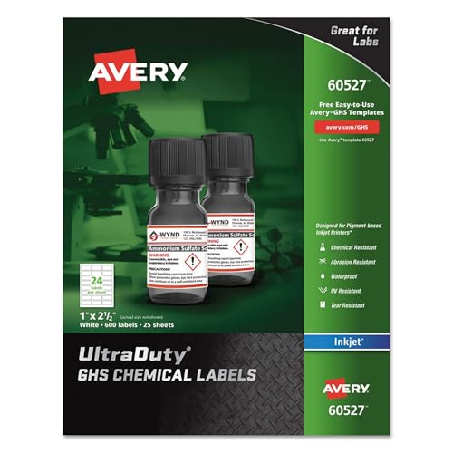 Avery UltraDuty GHS Chemical Labels for Pigment Inkjet Printers, Waterproof, UV Resistant, 1x 2.5, Pack of 600 (60527)