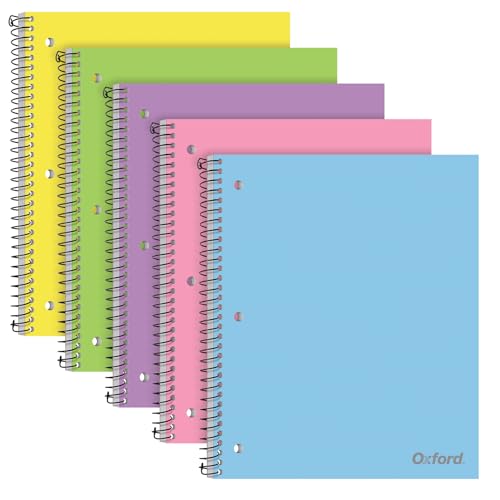 Oxford 1 Subject Spiral Notebook, Notebooks for School, Plastic Covers, School Supplies, College Ruled, 100 Sheets, 5 Pack, Assorted Pastel Colors: Blue, Green, Yellow, Pink and Purple (1009291)