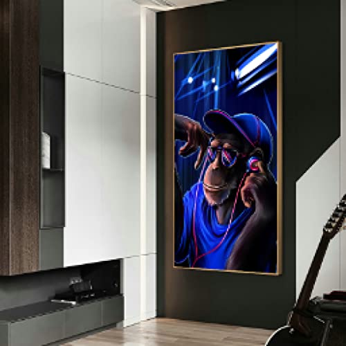 Peinture DJ singe bleu sur toile d'art moderne grand format 60x100cm affiche murale premium
