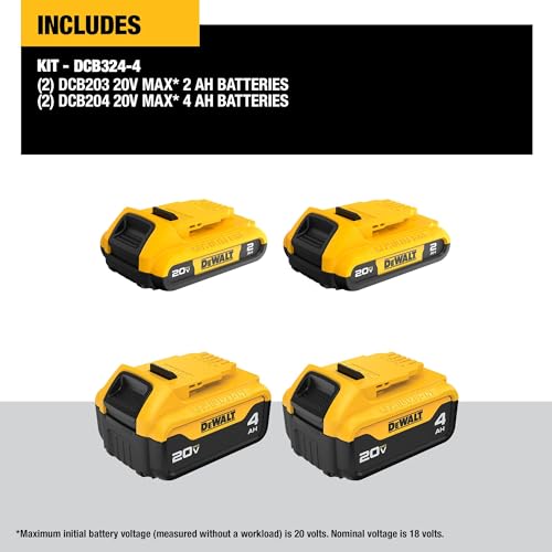 Image of DEWALT 20V MAX Lithium Ion Battery, 2 Ah and 4 Ah, 4-Pack, Fuel Gauge LED Charge Indicators (DCB324-4)