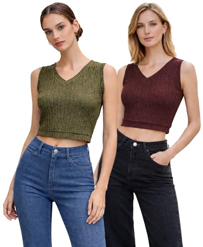Image of Amazon Brand - INKAST Women Women's Textured Sleeveless Ribbed Knit V-Neck Crop Top (Pack of 2)