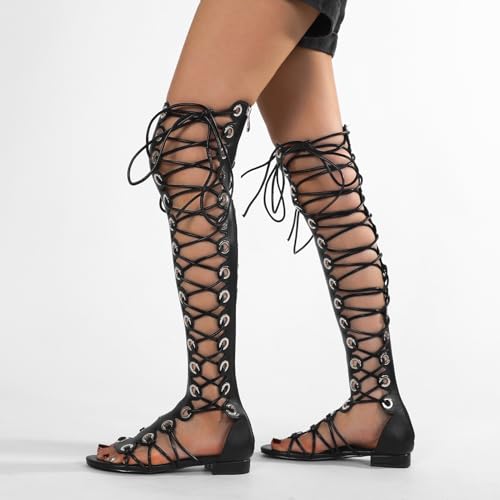 STUPMARY Women Peep Toe Lace Up Sandals Cut-outs Cross-tied Flat Heel Gladiator Sandals Zipper Over The Knee Bootie Summer2
